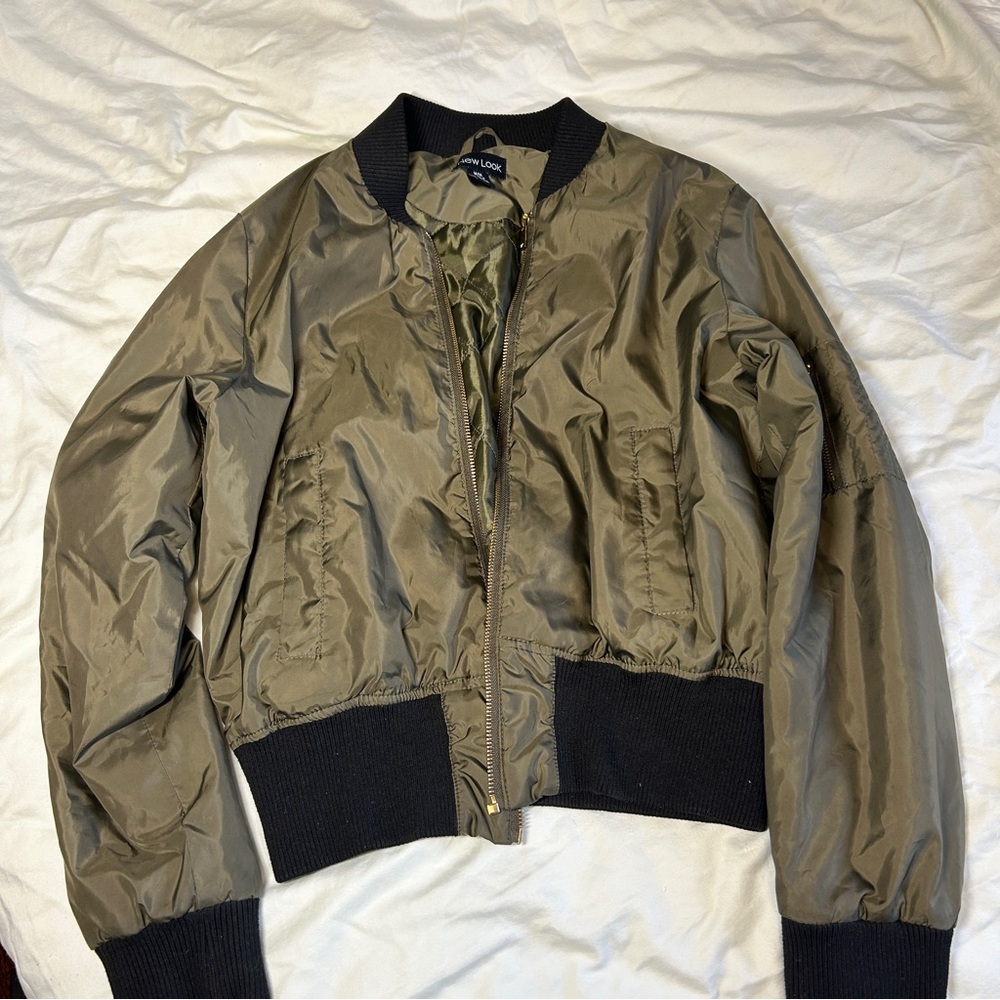 New Look Khaki Bomber Jacket with Black Trim
